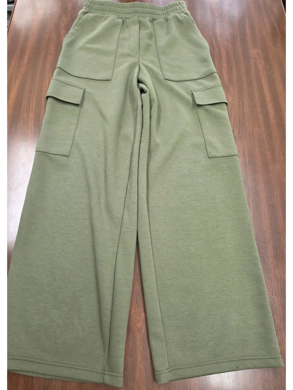 MNG Mango Womens Olive Green Wide Leg Pull ON knit Pants Small Elastic Waist